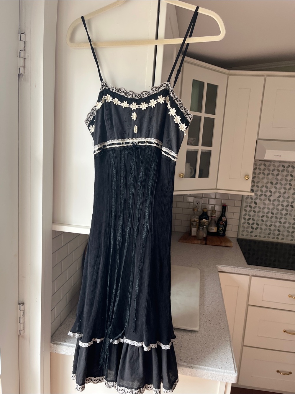 Lucy Paris Black Silk Slip Dress with White Lace Trim